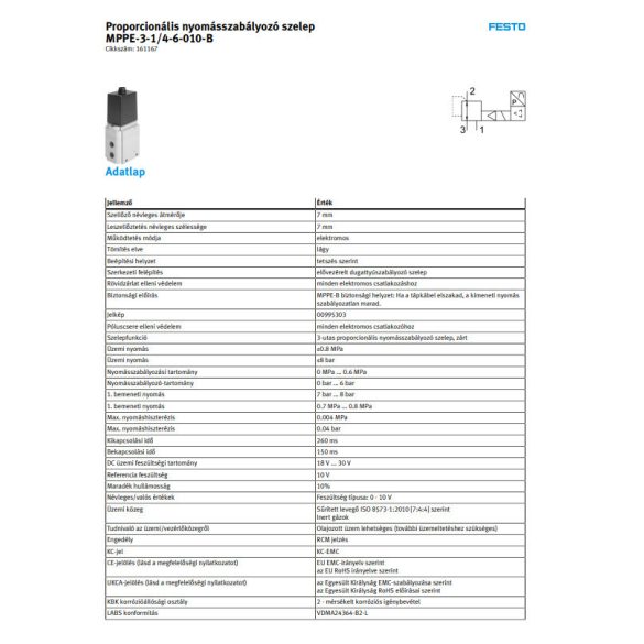 Festo MPPE-3-1/4-6-010B proporcionális nyomásszabályozó szelep
